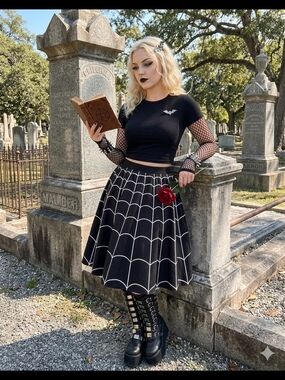 Black Spiderweb Circle Skirt with White Print - Women's Gothic Skater